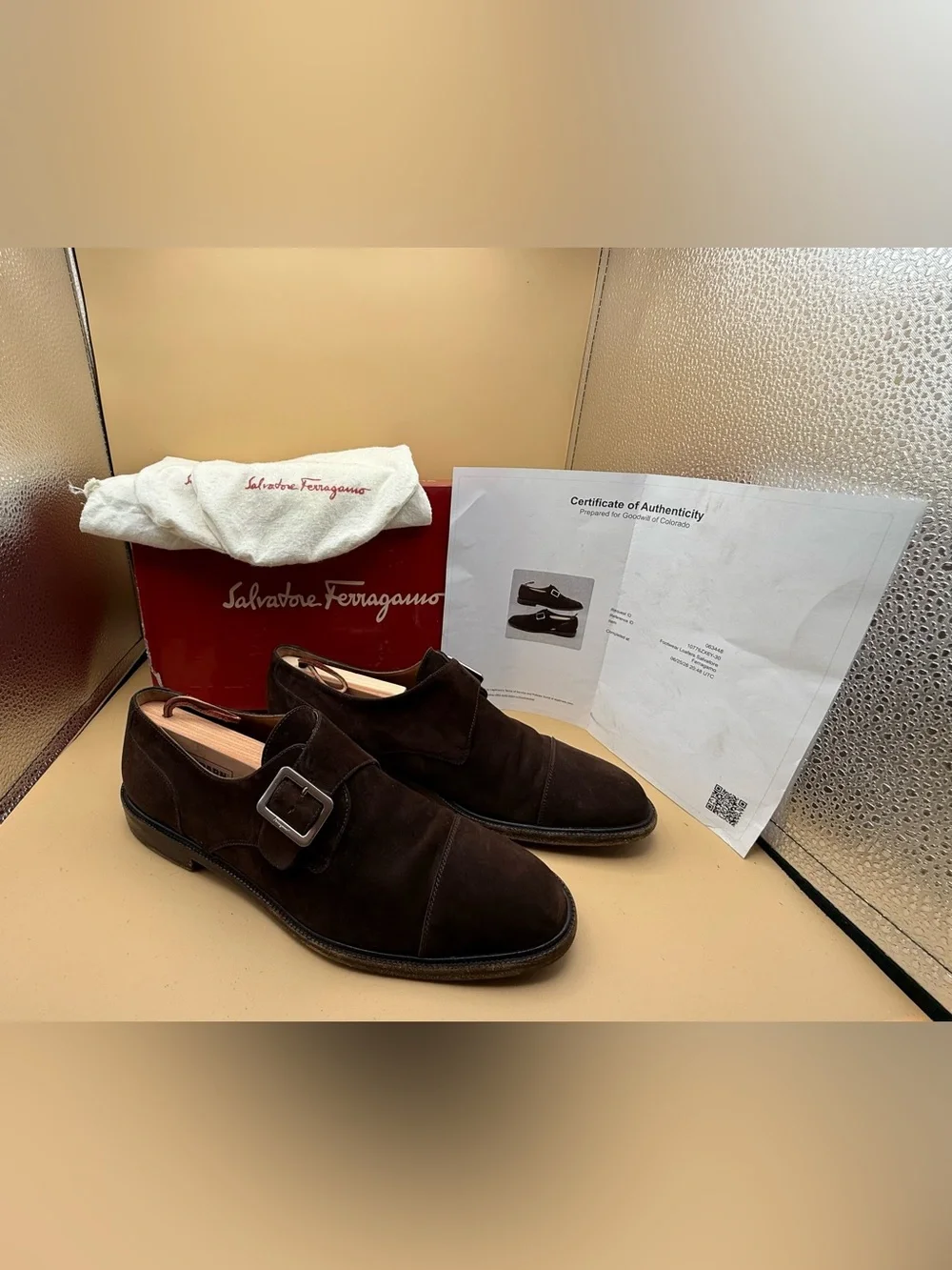 Salvatore Ferragamo Studio Brown Suede Single Monk Strap Shoes Box COA 8 D